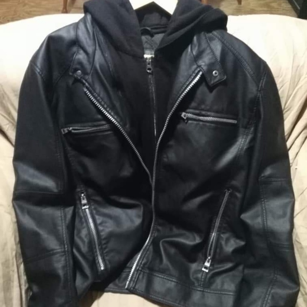 Guess Leather Jacket With Detachable Hoodie